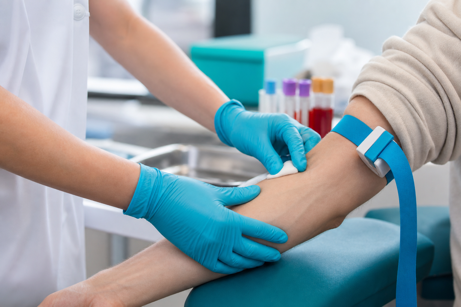Personale sanitario esegue un prelievo di sangue venoso